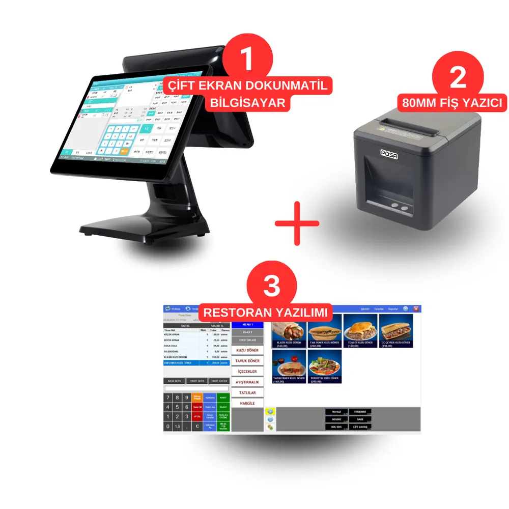 Çift Ekranlı Restoran Sistemi ÇİFT1 – i5 Çift Ekran POS, Adisyon Yazıcısı ve QR Menü – görsel 5