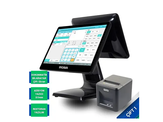 Çift Ekranlı Restoran Sistemi ÇİFT1 – i5 Çift Ekran POS, Adisyon Yazıcısı ve QR Menü